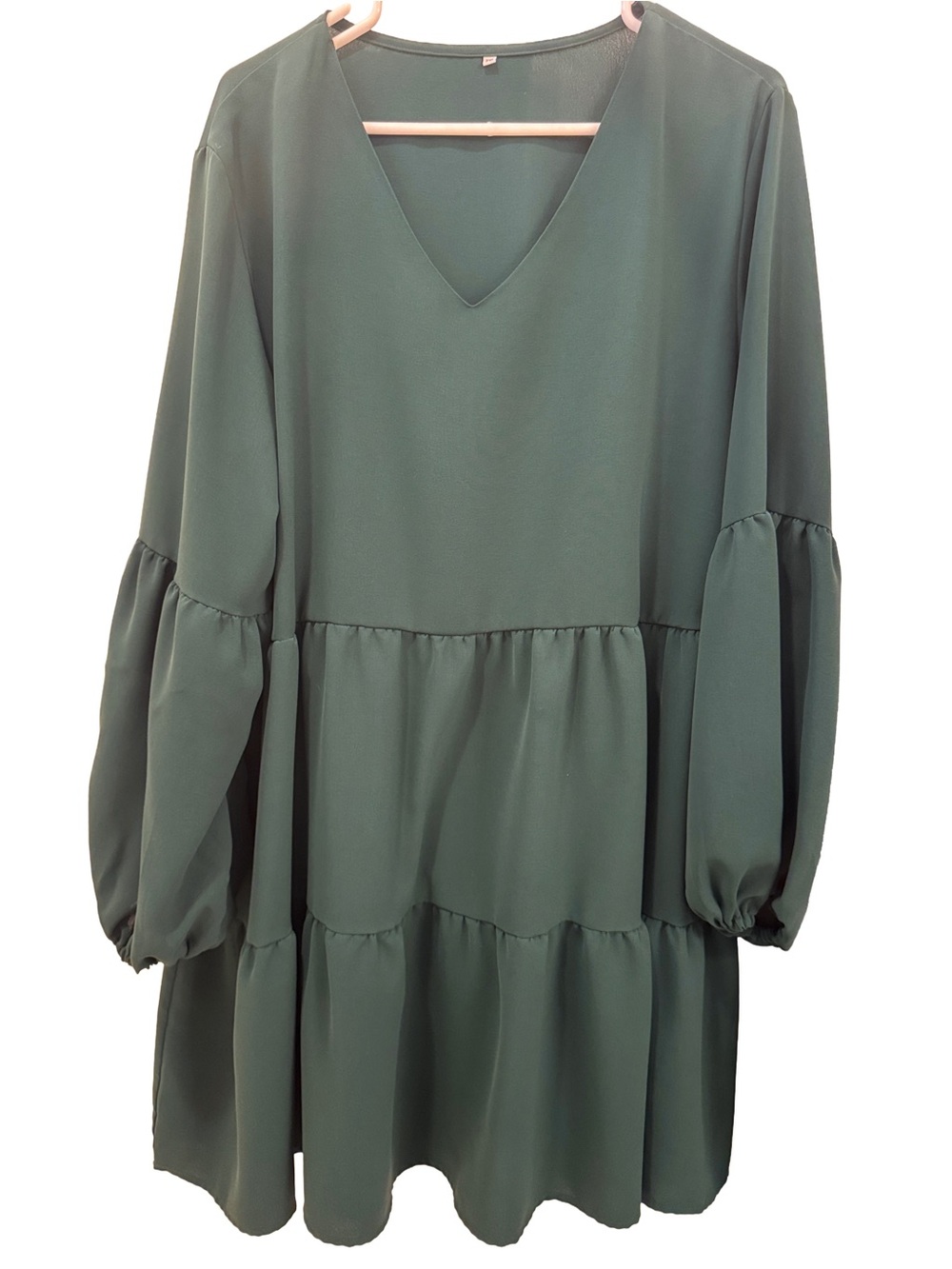 Forest Green Tiered Babydoll Mini Dress Flowy V-Neck Balloon Sleeve Tunic 2XL